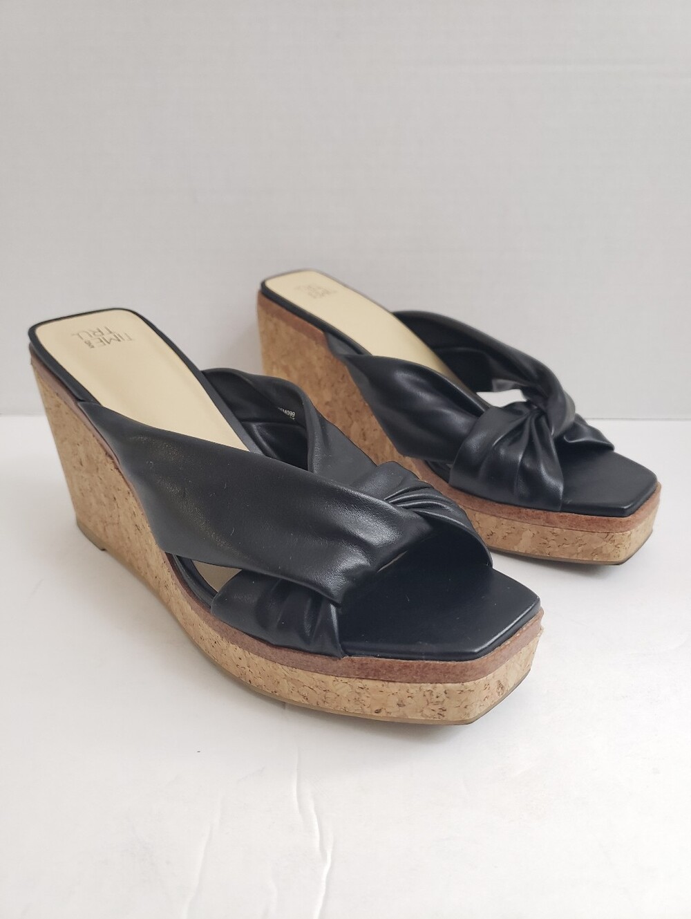 Sz 6 Time And Tru Black Faux Leather Slip On Cork Wedge Heels